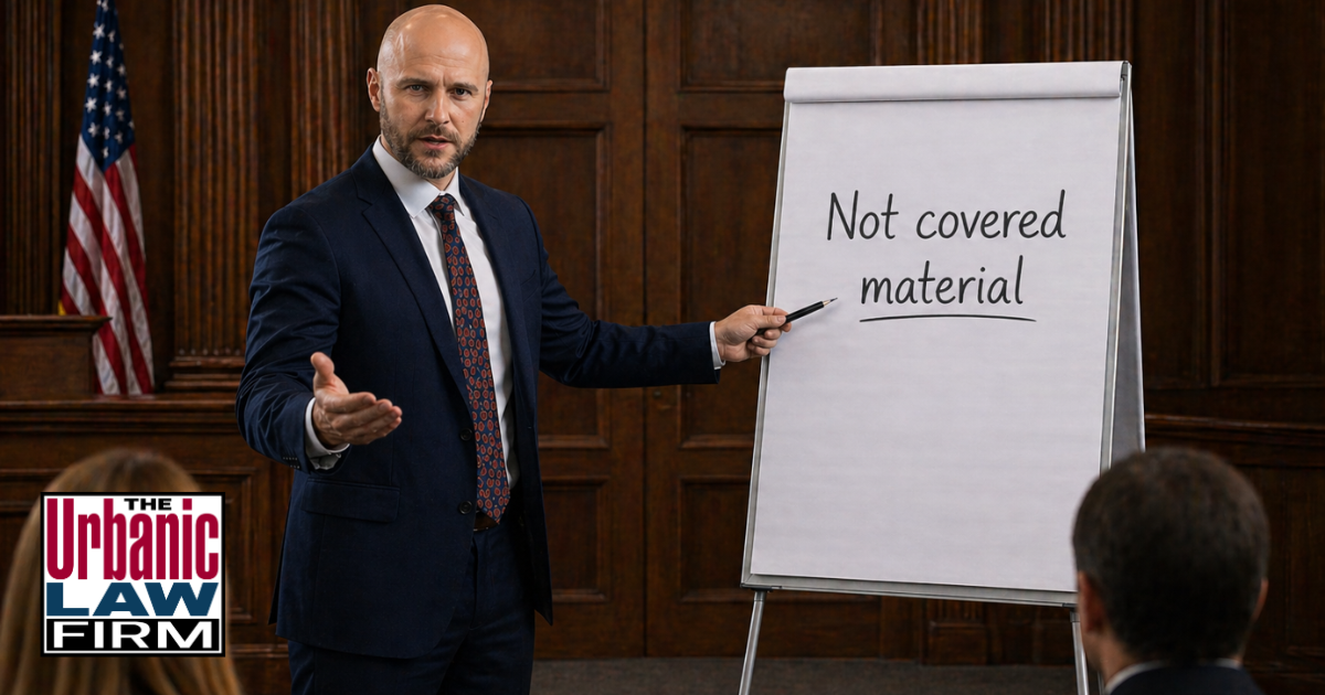 Oklahoma distributing child pornography defense attorney from The Urbanic Law Firm presenting a criminal defense case to a jury in a courtroom.