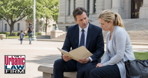 Oklahoma engaging or soliciting child prostitution defense consultation showing a criminal defense attorney with The Urbanic Law Firm reviewing case documents with a concerned client outside a courthouse.