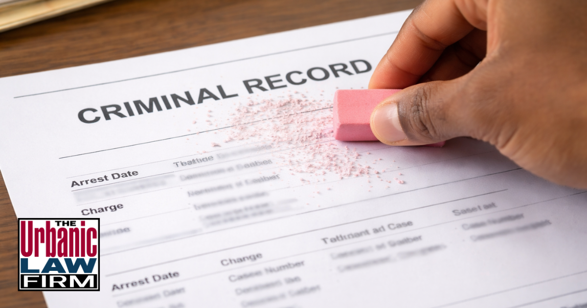 Hand erasing “criminal record” from case paperwork to illustrate Oklahoma expungements and Oklahoma criminal defense by The Urbanic Law Firm.