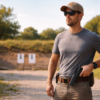 Man standing at an outdoor shooting range in daylight with a holstered handgun, illustrating Oklahoma handgun license issues and Oklahoma criminal defense by The Urbanic Law Firm.