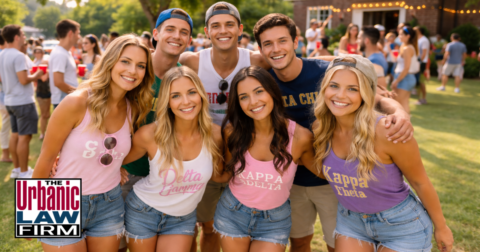 Sorority girls and fraternity guys outside a college house in a daytime scene illustrating hazing defense Oklahoma issues and Oklahoma criminal defense by The Urbanic Law Firm.