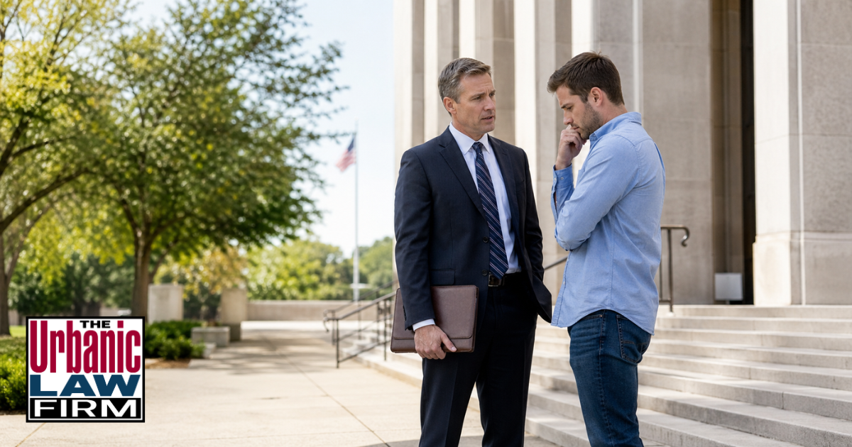Attorney from The Urbanic Law Firm speaking with a concerned client outside an Oklahoma courthouse, illustrating Oklahoma human trafficking for commercial sex criminal defense representation.
