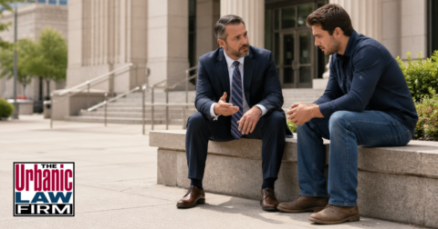 Oklahoma kidnapping defense image showing a criminal defense attorney from The Urbanic Law Firm advising a worried client outside a courthouse in a serious legal consultation.