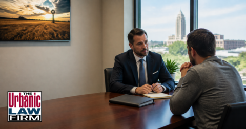 Attorney meeting with a client in an office for Oklahoma lewd proposal criminal defense representation by The Urbanic Law Firm.