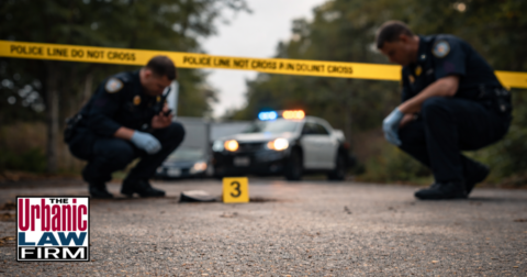 Daytime Oklahoma maiming defense crime scene investigation with police officers and police tape, illustrating Oklahoma criminal defense by The Urbanic Law Firm.