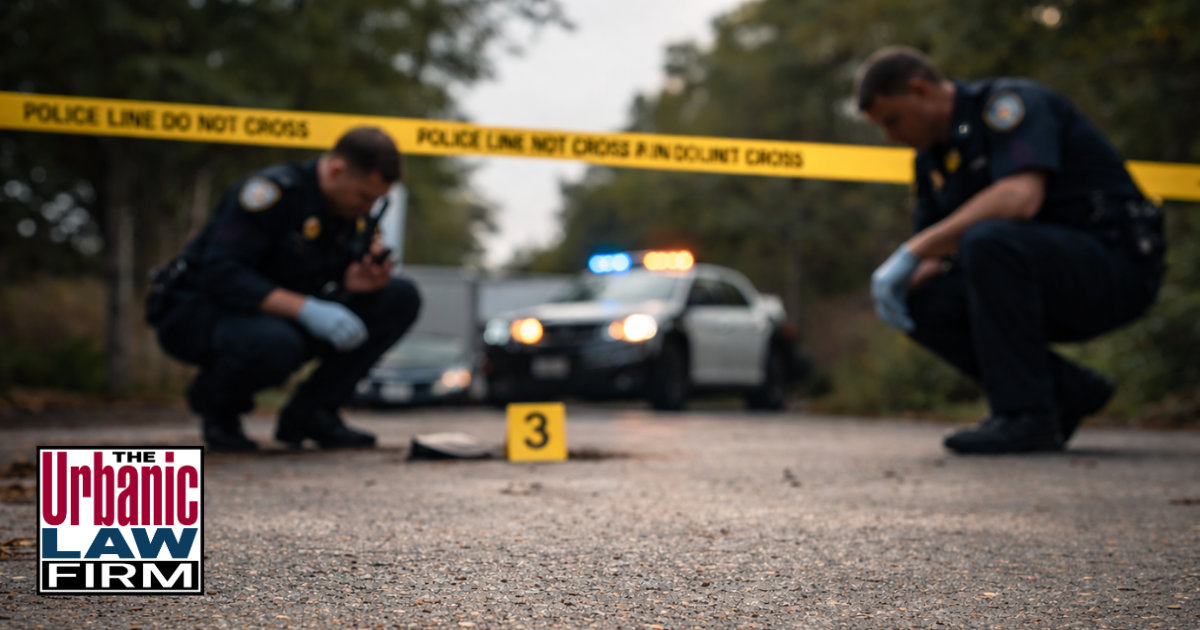 Daytime Oklahoma maiming defense crime scene investigation with police officers and police tape, illustrating Oklahoma criminal defense by The Urbanic Law Firm.