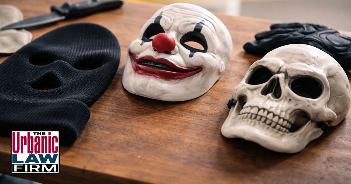 Various masks on a wooden table in daylight, illustrating Oklahoma masked weapon assault and Oklahoma criminal defense by The Urbanic Law Firm.