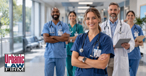 Team of medical care providers standing in a bright hospital hallway, illustrating medical provider assault Oklahoma cases and Oklahoma criminal defense by The Urbanic Law Firm.