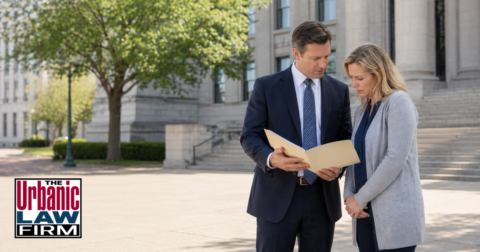 Oklahoma minor obscene materials defense consultation showing a criminal defense attorney with The Urbanic Law Firm reviewing case documents with a concerned client outside a courthouse.