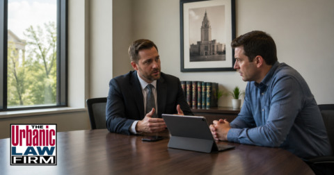 Oklahoma minor technology solicitation criminal defense consultation with The Urbanic Law Firm showing an attorney advising a concerned client about phone and tablet evidence in a serious criminal case.