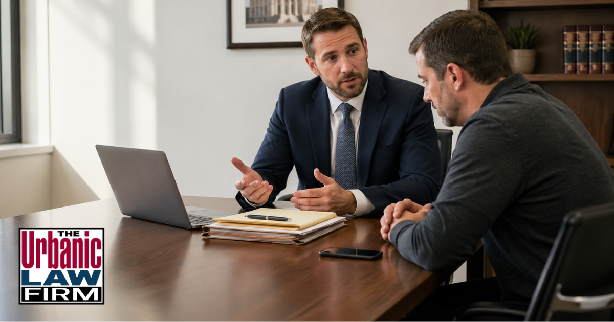 Oklahoma obscene material minors criminal defense consultation with The Urbanic Law Firm showing an attorney advising a concerned client about digital evidence in a serious case.