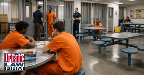 Interior of a juvenile corrections facility with adult staff and adult detainees, illustrating Oklahoma OJA employee assault defense and Oklahoma criminal defense by The Urbanic Law Firm.