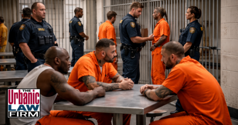 Prison inmates and guards inside an Oklahoma correctional facility, illustrating placing bodily fluids charges in Oklahoma criminal defense content by The Urbanic Law Firm.