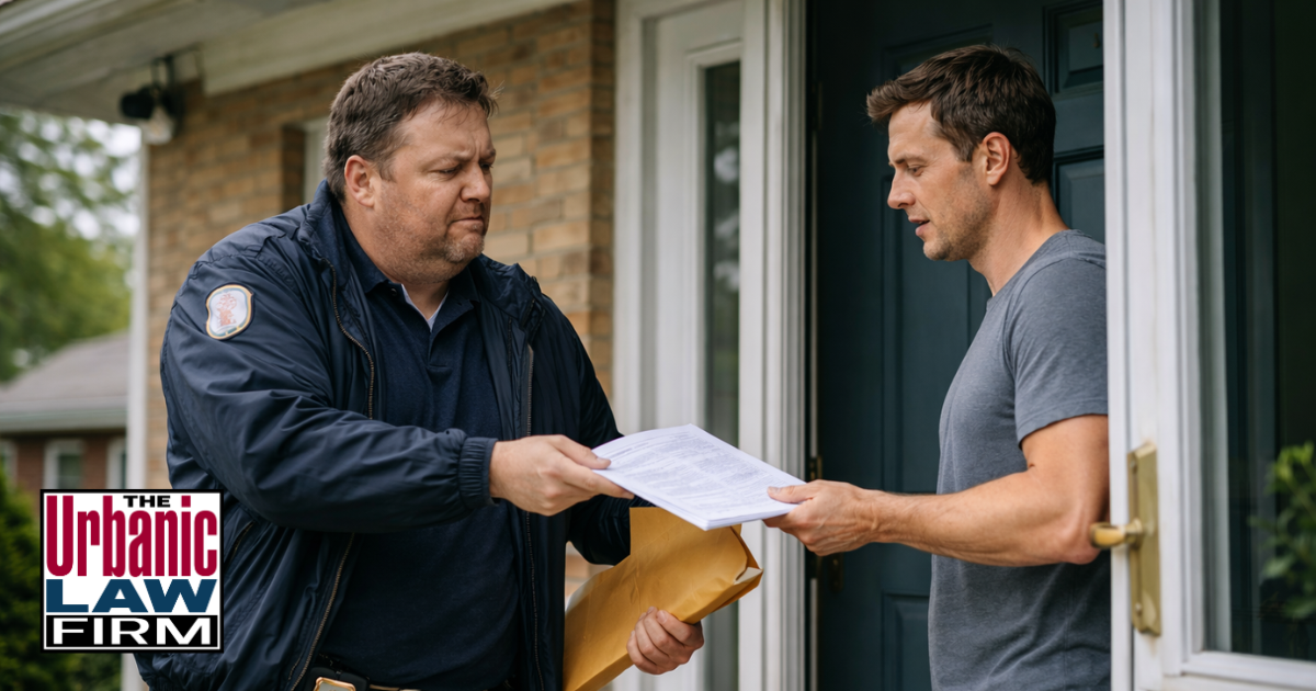 Overweight process server serving legal papers to a man at a front door in daylight, illustrating Oklahoma process server assault allegations and Oklahoma criminal defense by The Urbanic Law Firm.