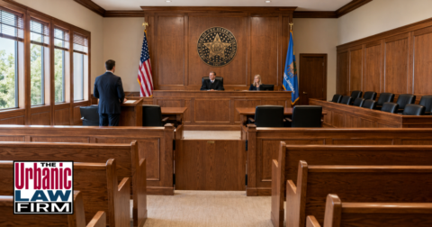 Oklahoma criminal defense courtroom scene showing an attorney with The Urbanic Law Firm advocating in a procuring child prostitution Oklahoma case.