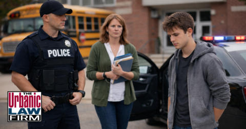 Police officer, teacher, and student outside an Oklahoma school, illustrating a school employee student assault case and Oklahoma criminal defense by The Urbanic Law Firm.
