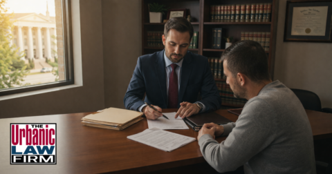 Attorney meeting with a client in a sunlit office, illustrating sentence enhancement Oklahoma issues and Oklahoma criminal defense guidance by The Urbanic Law Firm.