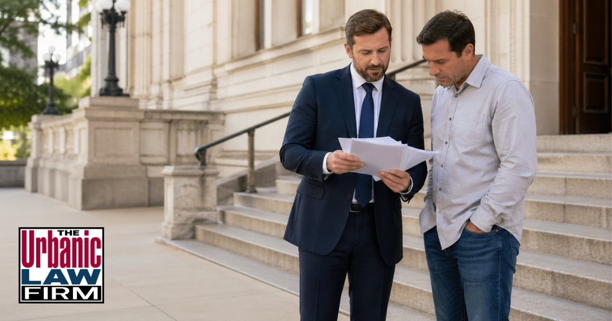 Oklahoma sentence modification criminal defense consultation showing an attorney with The Urbanic Law Firm reviewing court papers with a client outside a courthouse.
