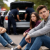 Passenger drug charge Oklahoma traffic stop scene with worried passengers beside a searched vehicle, illustrating Oklahoma criminal defense by The Urbanic Law Firm.