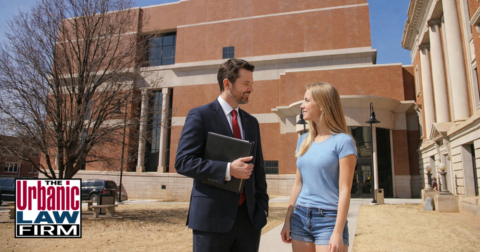 Payne County criminal defense lawyer meeting with a client outside the Payne County Courthouse in Stillwater, Oklahoma for The Urbanic Law Firm.