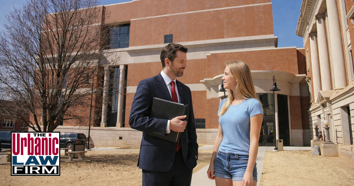 Payne County criminal defense lawyer meeting with a client outside the Payne County Courthouse in Stillwater, Oklahoma for The Urbanic Law Firm.