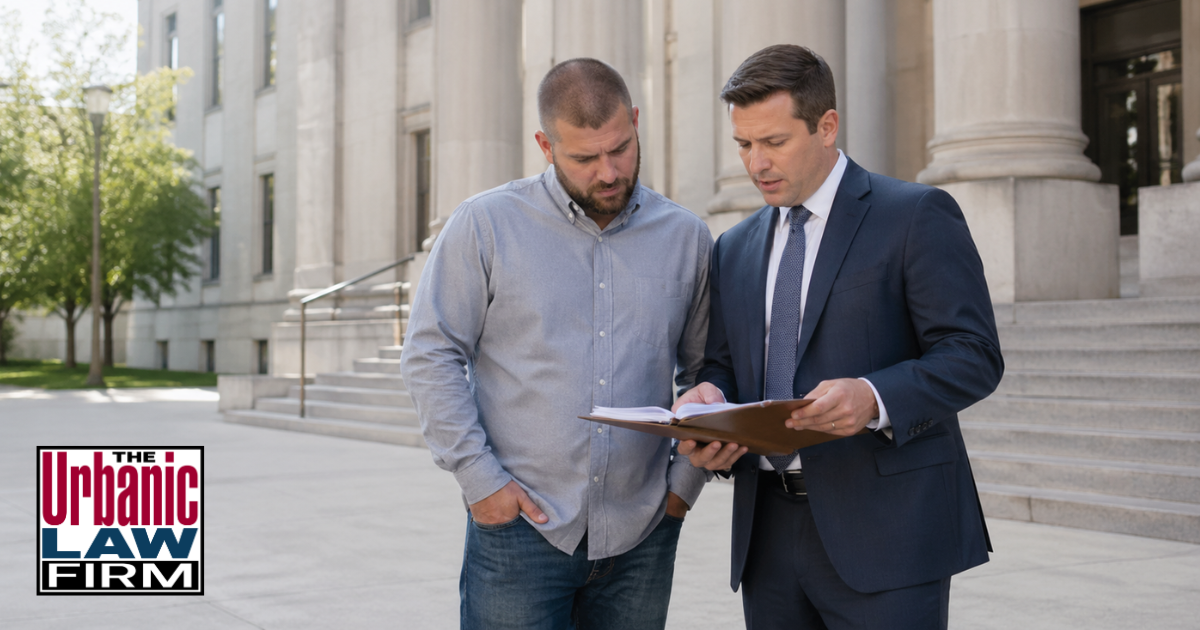 Oklahoma criminal defense attorney with The Urbanic Law Firm reviewing court documents with a concerned client outside a courthouse for post-sentencing proceedings in Oklahoma.