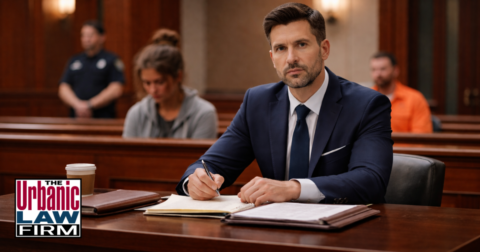 Attorney in an Oklahoma courtroom representing a client in a prior pattern domestic abuse case, illustrating criminal defense by The Urbanic Law Firm.