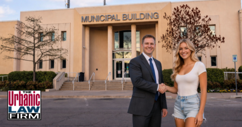 Stillwater Oklahoma Municipal Court criminal defense lawyers meeting with a female client outside the municipal building, illustrating Oklahoma criminal defense representation by The Urbanic Law Firm.