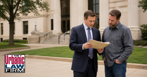 Oklahoma criminal defense attorney with The Urbanic Law Firm reviewing suspended sentence court papers with a concerned client outside a courthouse.
