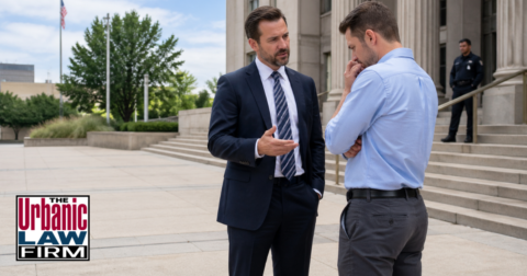 Oklahoma criminal defense attorney with The Urbanic Law Firm advising a worried client outside a courthouse in a trafficking children Oklahoma case.