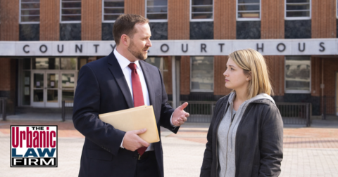 Attorney and client outside the Tulsa County courthouse, illustrating Tulsa County criminal defense lawyers in Oklahoma at The Urbanic Law Firm.