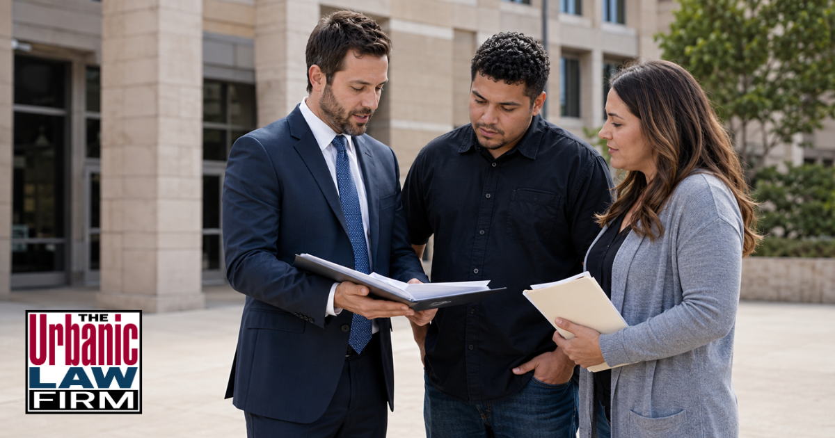 Diversion Hub Oklahoma County criminal defense image showing an attorney, client, and case manager reviewing paperwork outside a courthouse for The Urbanic Law Firm.
