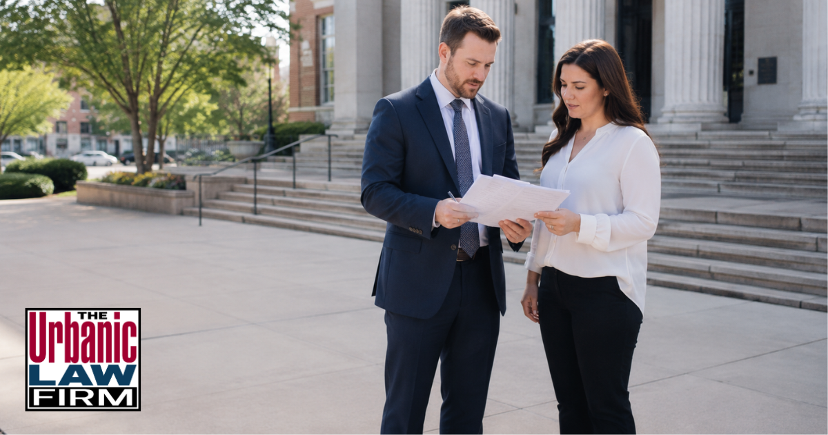 Attorney reviewing paperwork with a client outside a courthouse, illustrating expunging a VPO in Oklahoma and criminal defense help from The Urbanic Law Firm.