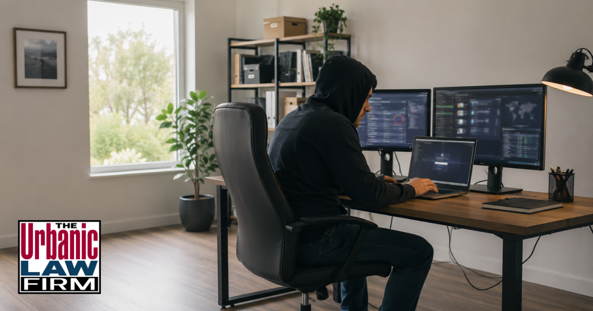 Person committing Oklahoma computer fraud at multiple monitors in a home office, illustrating unauthorized computer access and criminal defense by The Urbanic Law Firm.