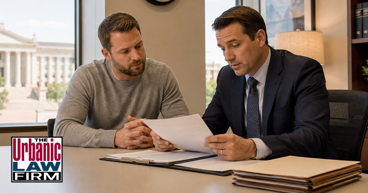Attorney reviewing Oklahoma criminal statute of limitations paperwork with a client in a law office, illustrating criminal defense help by The Urbanic Law Firm.