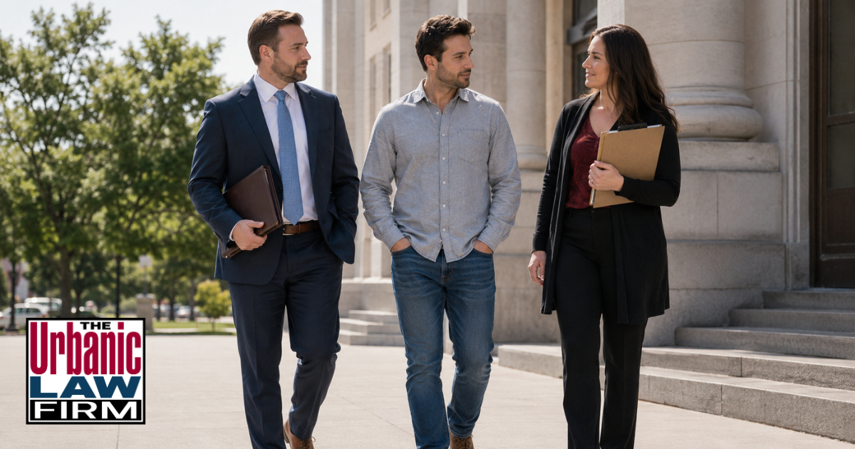 Oklahoma deferred adjudication treatment program criminal defense scene with an attorney, client, and treatment professional outside a courthouse for The Urbanic Law Firm