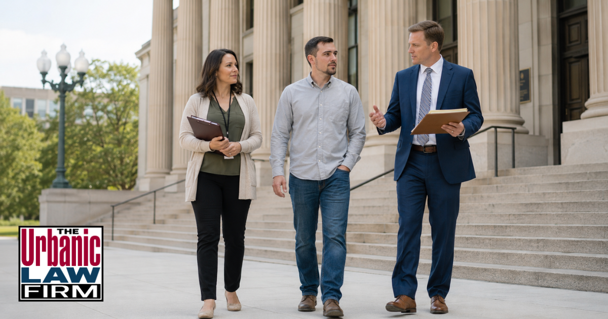 Oklahoma drug court criminal defense scene with an attorney, client, and treatment professional outside a courthouse, representing Drug Court help from The Urbanic Law Firm.