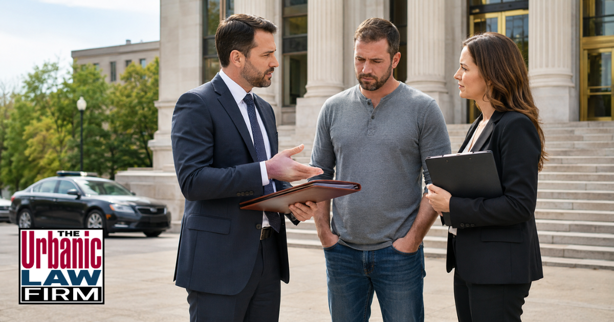 Oklahoma DUI Court criminal defense scene with an attorney, client, and treatment court professional outside a courthouse, representing DUI Court help from The Urbanic Law Firm.