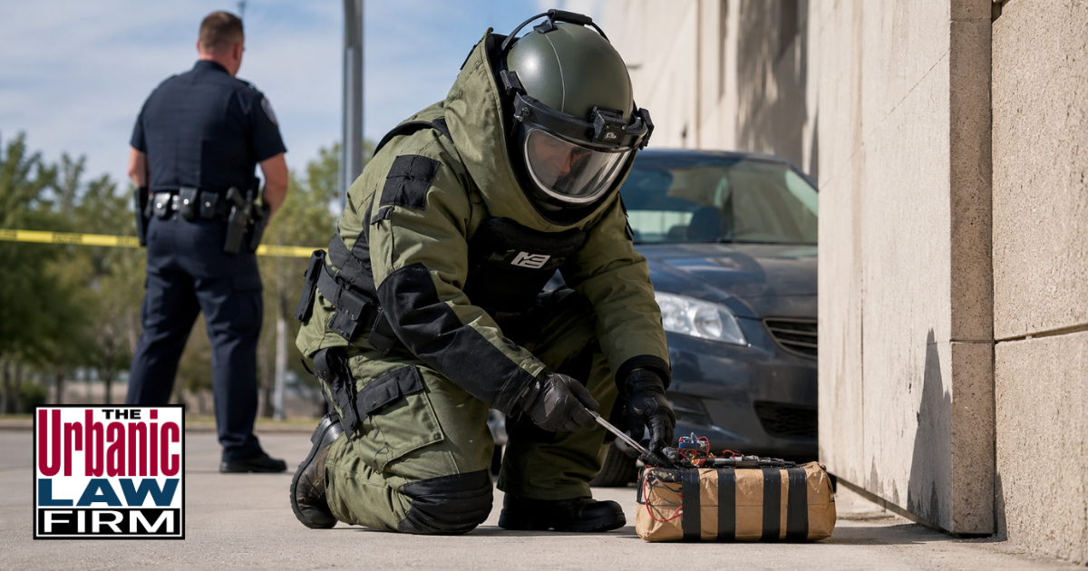 Bomb squad technician examining a suspicious wired package during an Oklahoma explosives crimes investigation, illustrating criminal defense help from The Urbanic Law Firm.