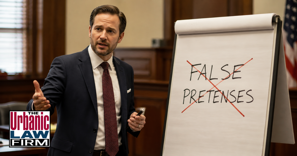 Attorney giving a courtroom closing argument beside a flip chart with False Pretenses crossed out for Oklahoma false pretenses defense and Oklahoma criminal defense by The Urbanic Law Firm.