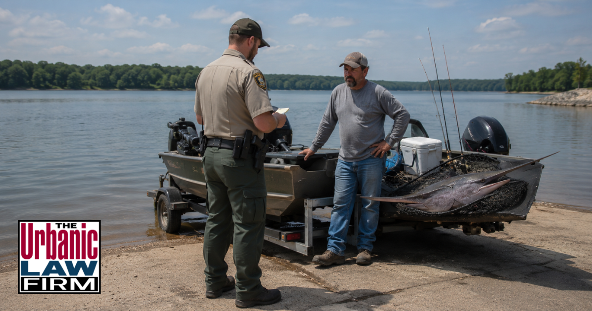 Game warden speaking with an angler beside a boat and paddlefish during an Oklahoma fishing violations investigation, illustrating criminal defense help from The Urbanic Law Firm.