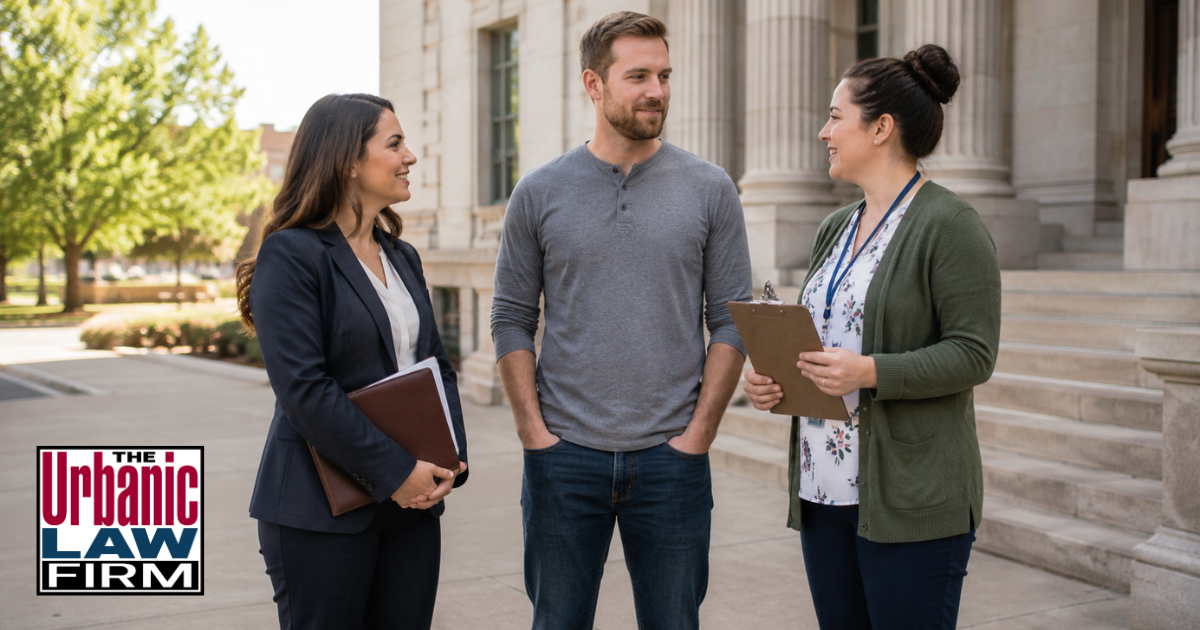 Oklahoma Mental Health Court criminal defense scene with an attorney, client, and treatment professional outside a courthouse, representing diversion program help from The Urbanic Law Firm.
