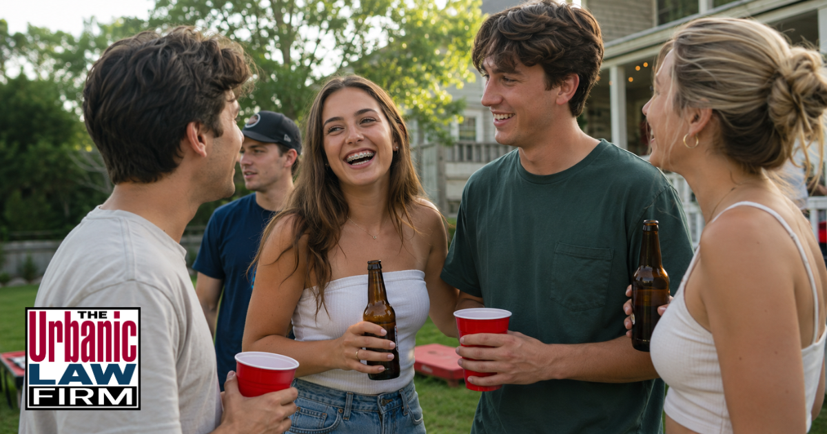 Young adults at a daytime backyard gathering holding beer bottles and cups for Oklahoma minor possession alcohol criminal defense content by The Urbanic Law Firm.