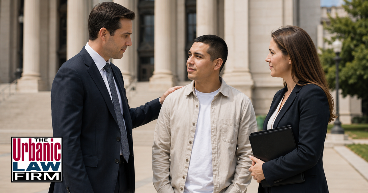 Oklahoma misdemeanor diversion program criminal defense scene with attorneys supporting a client outside a courthouse for The Urbanic Law Firm