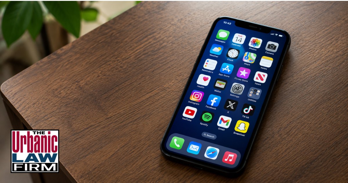 Cell phone showing app icons in an Oklahoma online harassment investigation, illustrating criminal defense help from The Urbanic Law Firm.