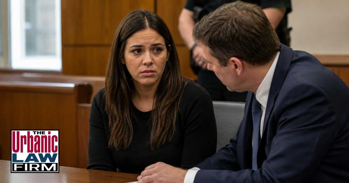 Woman accused of Oklahoma petit larceny sitting in court with her attorney for Oklahoma criminal defense representation by The Urbanic Law Firm.