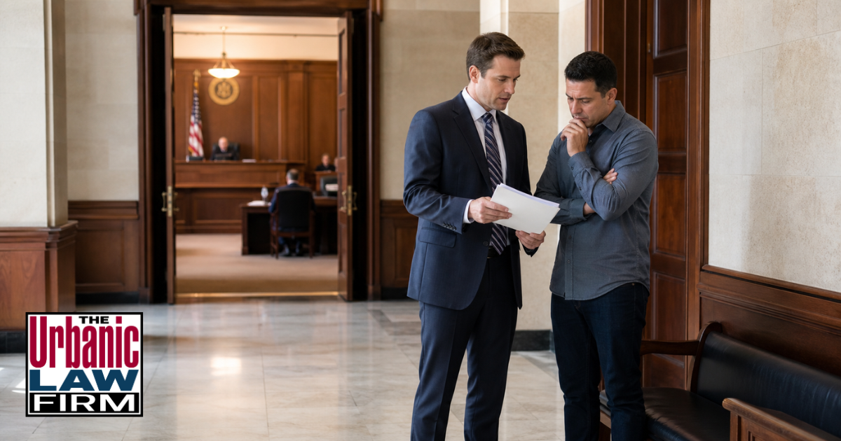 Oklahoma criminal defense attorney with The Urbanic Law Firm reviewing preliminary hearing in an Oklahoma felony case with a client outside a courtroom.