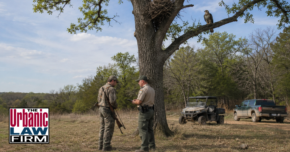 Oklahoma protected species hunting investigation scene with a game warden speaking to a hunter beneath a large tree with a raptor nest, illustrating criminal defense help from The Urbanic Law Firm.