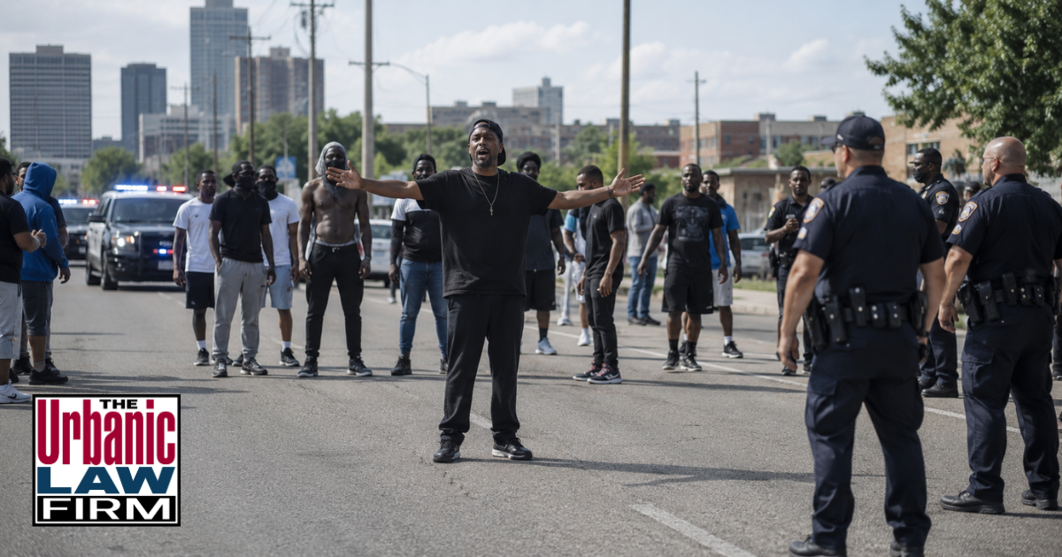 Daytime street scene with police responding to a roadway crowd during an Oklahoma riot crimes investigation, illustrating criminal defense help from The Urbanic Law Firm.