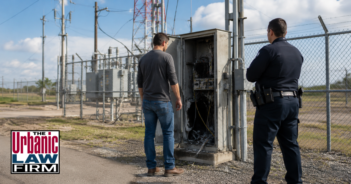 Oklahoma sabotage interference offenses scene with an officer and civilian near damaged utility equipment at a fenced facility, illustrating criminal defense help from The Urbanic Law Firm.